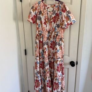 Anthropologie White Maxi Dress with Red, Blue, and Brown Floral Print